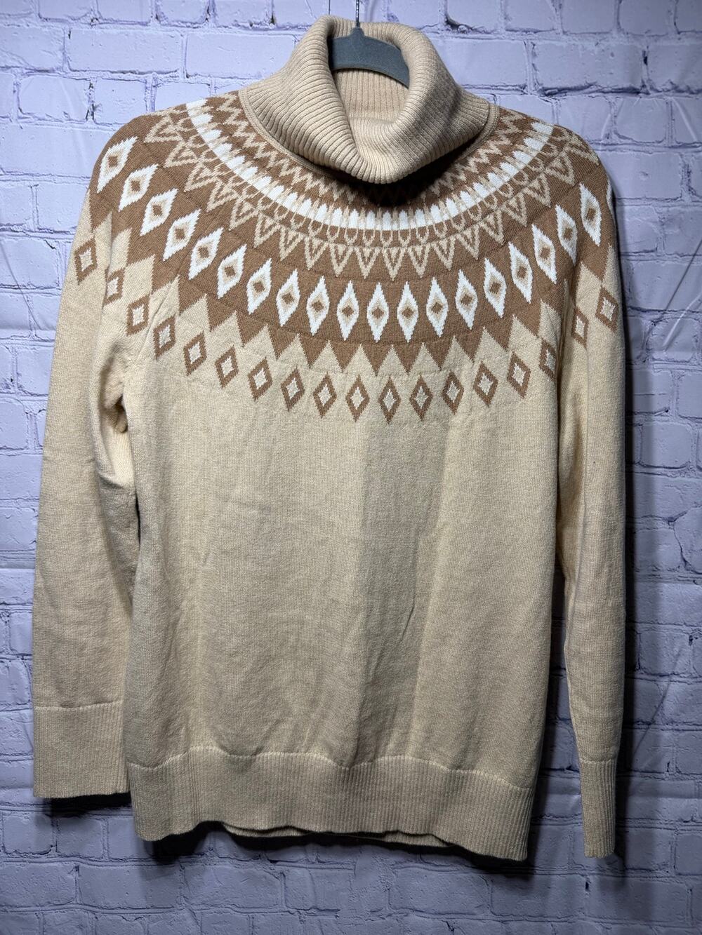 L.L.Bean Womens Cotton/ Cashmere Turtleneck Sweater Fair Isle Tan Sz M